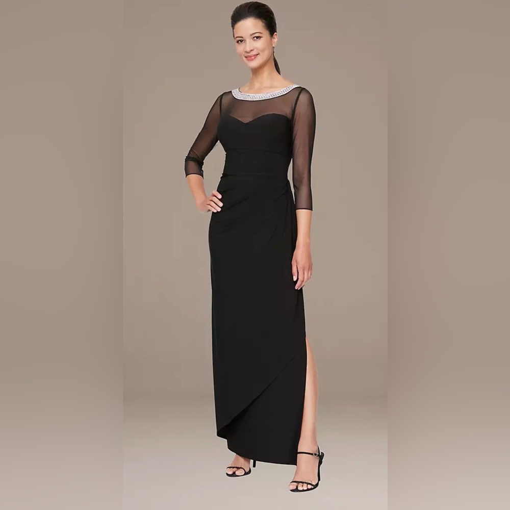Alex Evenings Black Side Ruched Long Dress 18W with Embellished Silver Neckline - Picture 7 of 10